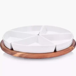 Zestaw 5 miseczek z obrotową tacą DUKA ACACIA biały porcelana drewno