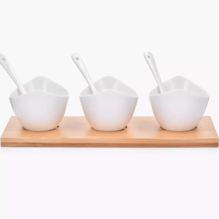 Zestaw miseczek z podstawką DUKA BAMBOO 3 sztuki białe porcelana