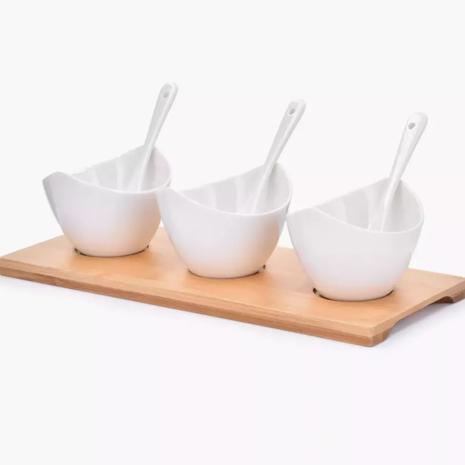 Zestaw miseczek z podstawką DUKA BAMBOO 3 sztuki białe porcelana